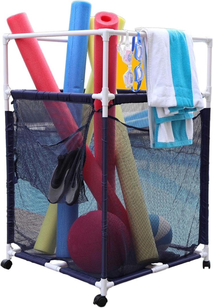 Essentially Yours Rolling Pool Noodle Storage Organizer Bin, Standard Noodle Holder, (25.4" W x 26" L x 40.5" H), Blue/White Style 510643