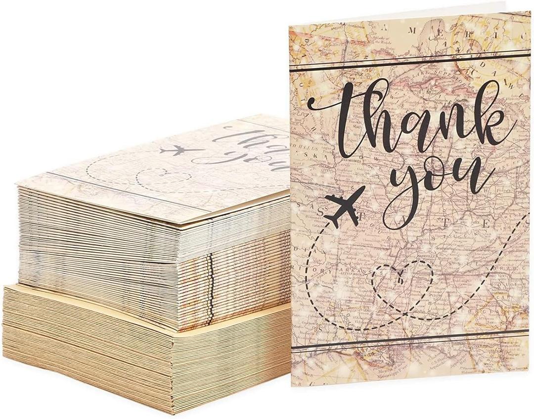 48 Pack Travel Thank You Cards with Envelopes, 4x6 Notecards with Airplane, Map, and Adventure Design (Brown) - Airplane Thank You Cards