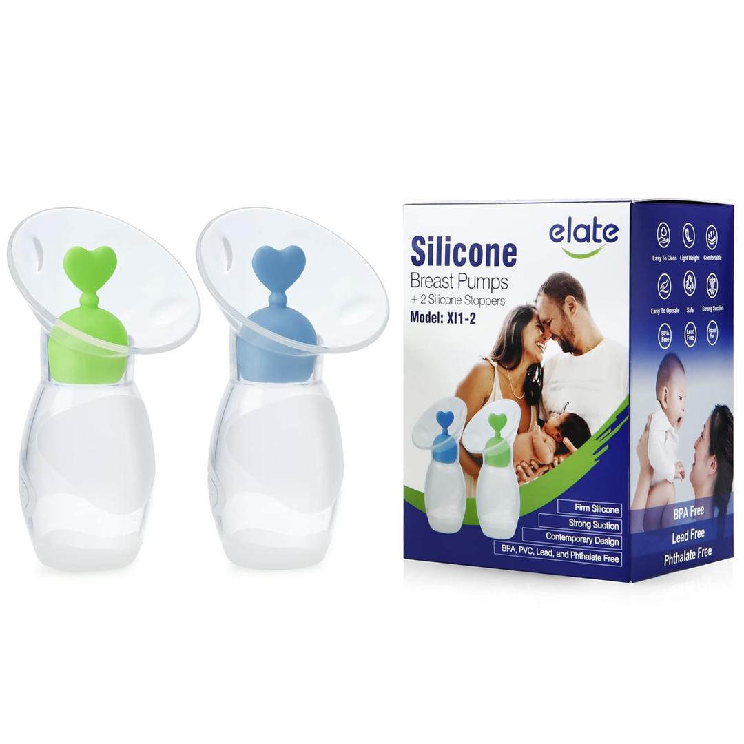 Elate Manual Breast Pump for Breastfeeding | Silicone Milk Collector with Leak-Proof Stoppers for Nursing Moms | Enhance Milk Production | BPA Free  2-Pack, 4oz Blue Green