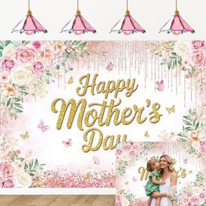 Happy Mother's Day Backdrop Pink Flower Mother's Day Party Decorations I Love You Mom Background Mothers Day Birthday Photography Banner Photo Studio Props (7X5FT)
