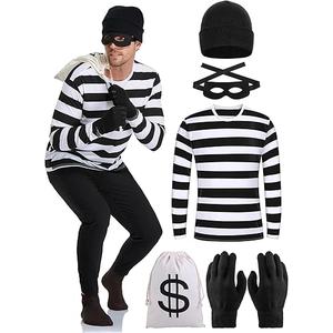 URATOT Halloween Robber Costume Set, Include Striped Long Sleeve T-Shirt Knit Cap Gloves Canvas Bags and Eye Mask and Socks Size L