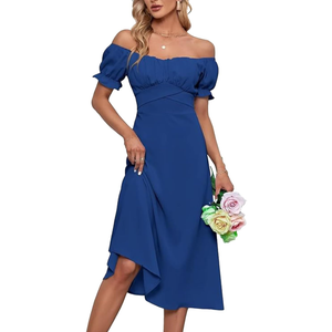 Womens Off Shoulder Midi Dress Elegant Solid Color Ruffle Puff Sleeve Flwoy Vacation Party Prom Dresses XL