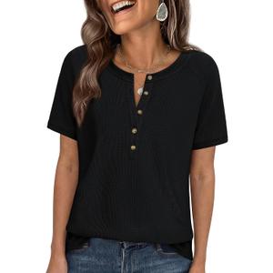 PRETTYGARDEN Waffle Knit Tops for Women Short Sleeve Henley Shirts 2026 Summer Blouses Dressy Casual Spring Fashion Clothes (Medium, Black)