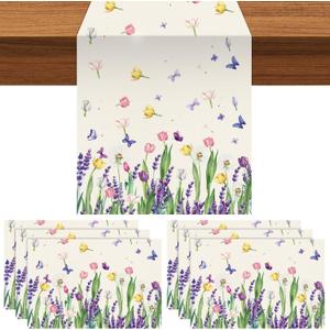 7 Pcs Spring Table Runner and Placemats Set 72 x 13 Inch, 183 x 33 cm