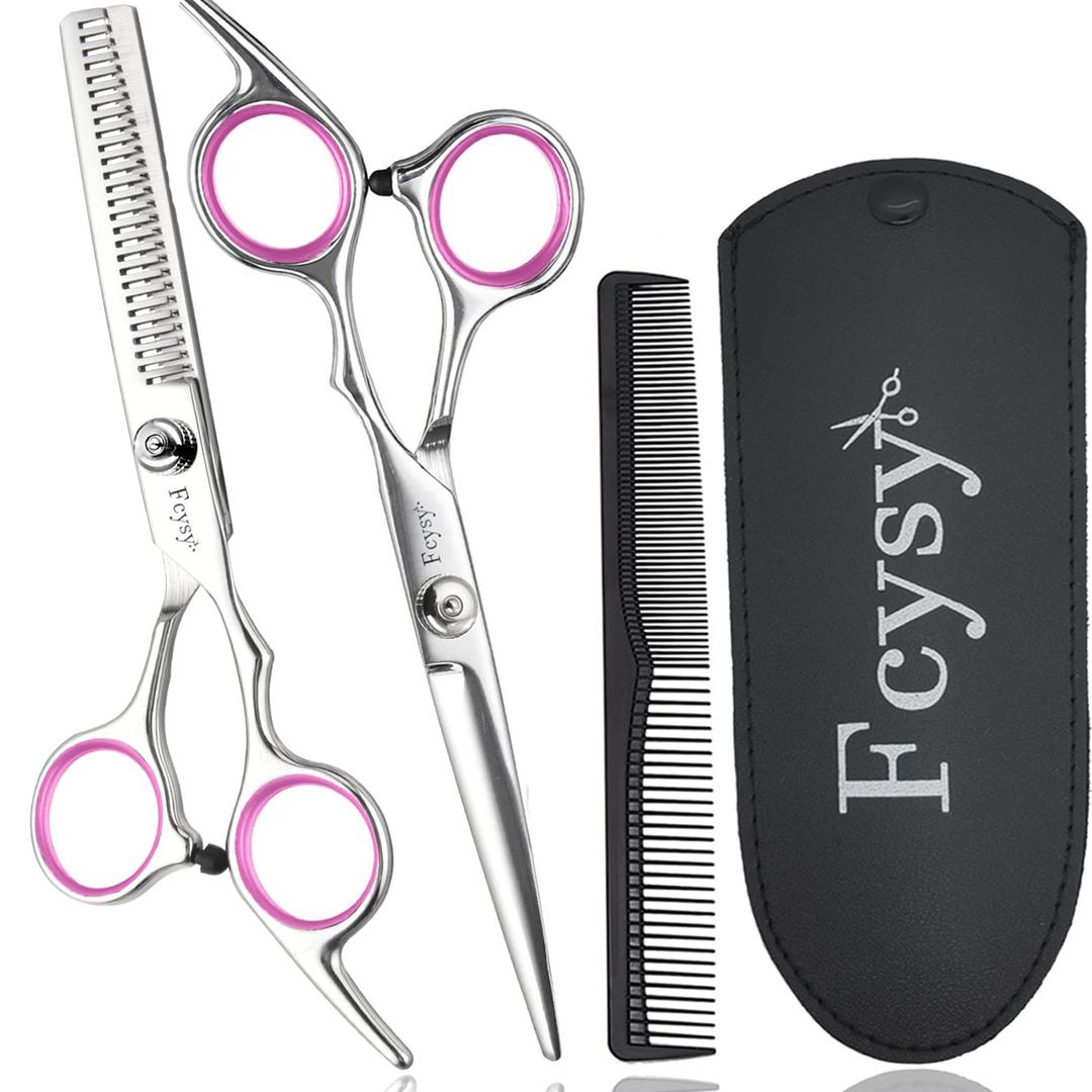 Hair Scissors Blending Shears Set, Fcysy Barber Shears Thinning Shears Kit, Hair Cut Set Professional Salon Haircutting Tools Hairdresser Scissors of Hairdressing Accessories (3 Pcs Pink)