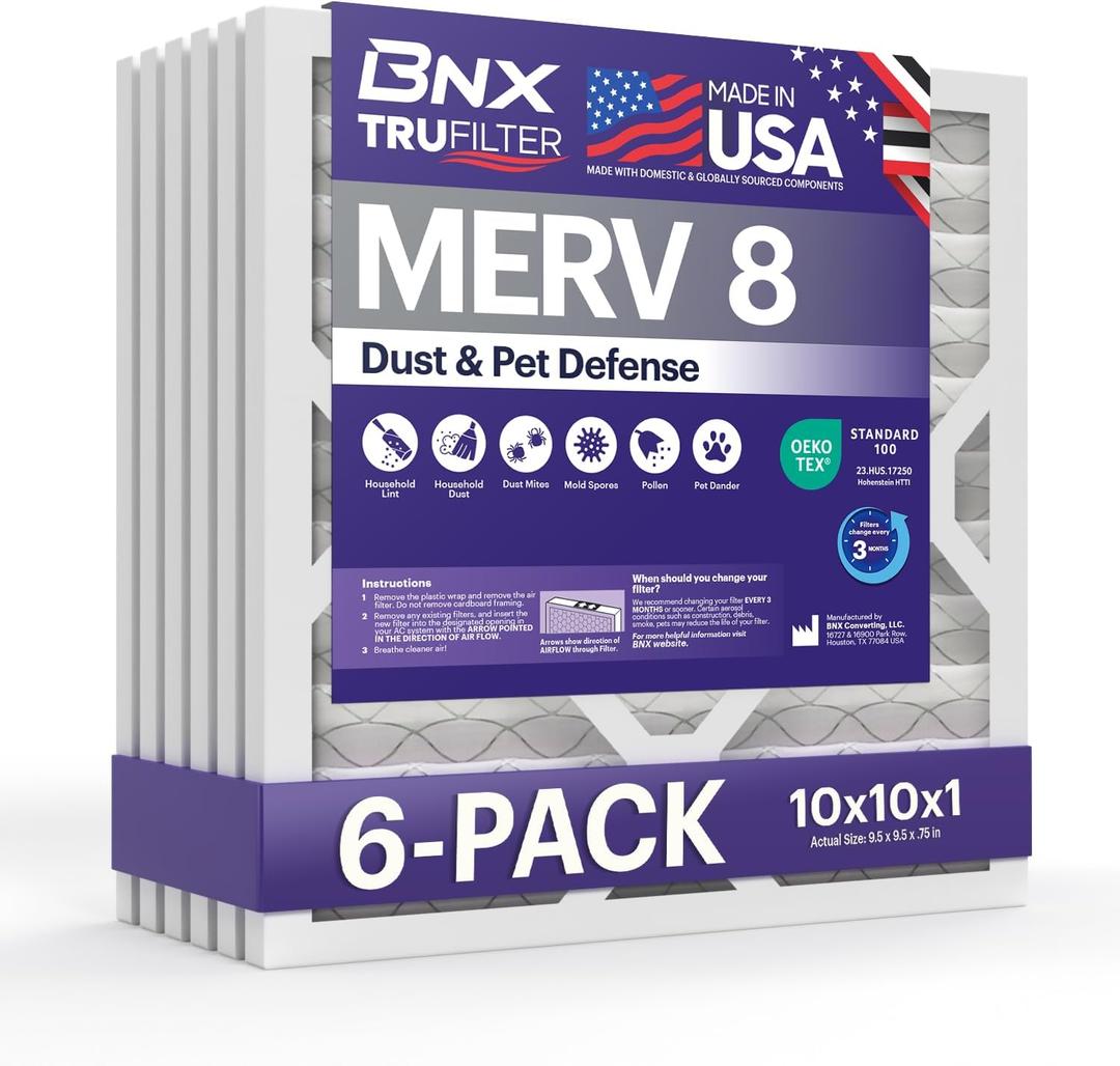 BNX TruFilter MERV 8 Air Filter 10x1 - Made in the USA - Electrostatic Pleated Air Filters for Air Conditioner, Air Conditioner, Air Conditioning, Dust, Mildew, Pollen MPR (Pack of 4)