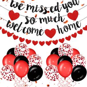 Red Welcome Home Decorations We Missed You So Much Banner Glitter Garland and Balloons Family Housewarming Party Supplies Military Army Welcome Back Party Decor