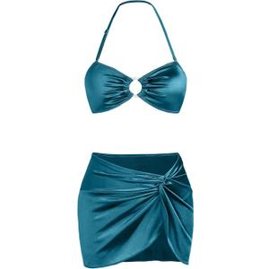 Ruched 3 Piece Swimsuits for Women Ribbed Velvet Bikini Sets with Sarong Coverup Metal Ring Bathing Suit (Blue, S)
