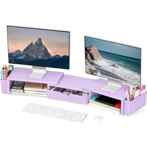 Spacrea Metal Desk Organizers and Accessories, Dual Monitor Stand Riser with Drawer and 2 Pen Holders, Desk Accessories & Workspace Desktop Organizers for Office Supplies (Purple)
