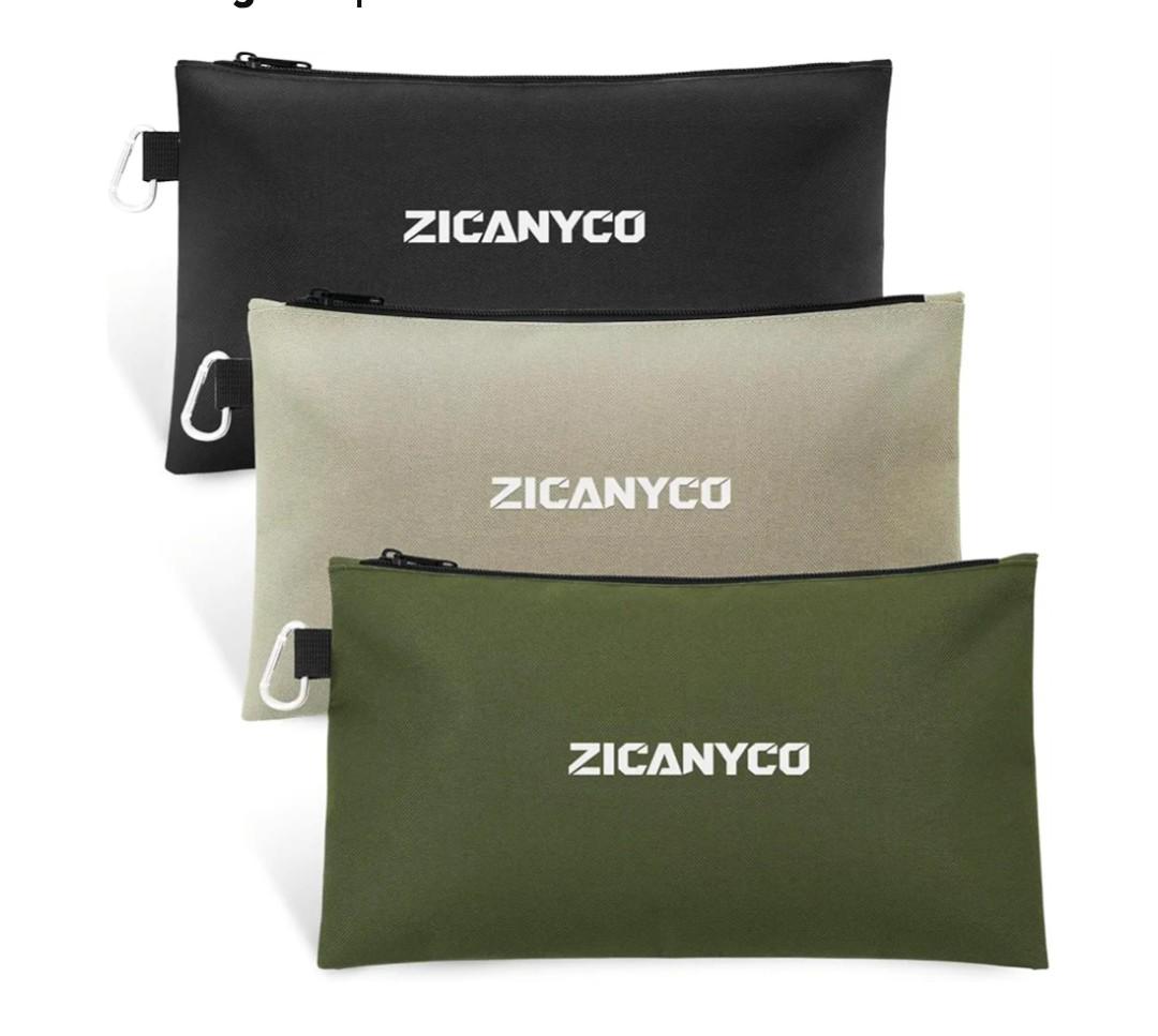 Tool Pouch Zipper Bags, Small Tool Bags with Metal Zipper & Carabiner, Durable Utility Organizer Pouches, 3-Pack (Black/Beige/Olive)
