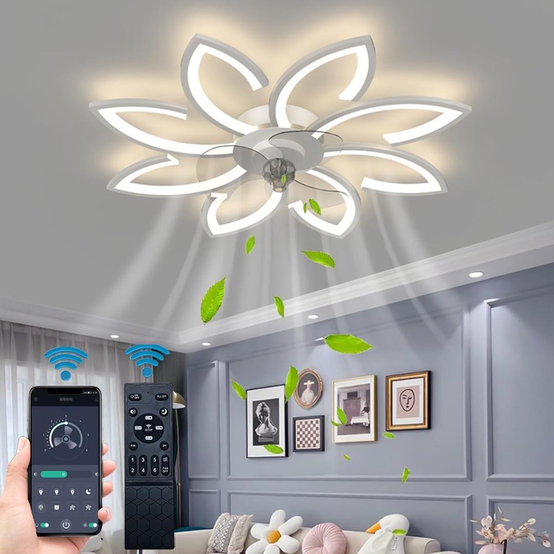 Ceiling Fan with Lights, 35'' Bladeless, Low Profile, Flush Mount, 3 Color Dimmable LED, 6 Speeds, Remote & APP Control, Modern Design - White, for Living Room, Bedroom, Kids Room