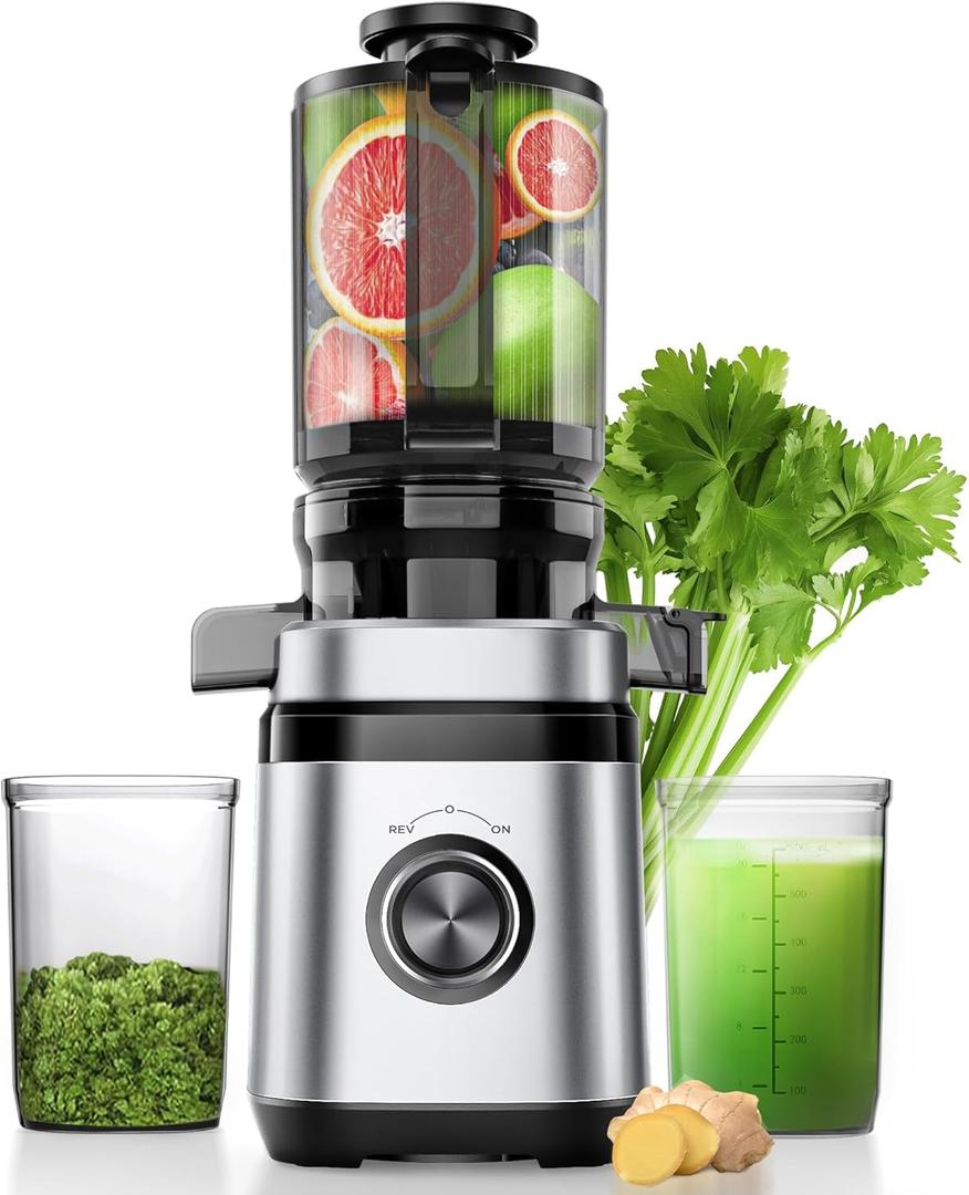Juicer Machines, Cold Press Juicer with Wide Feed Chute, Slow Masticating Juicers for Whole Vegetables & Fruits, High Juice Yield, Easy to Clean, Large Auger, Light Silver