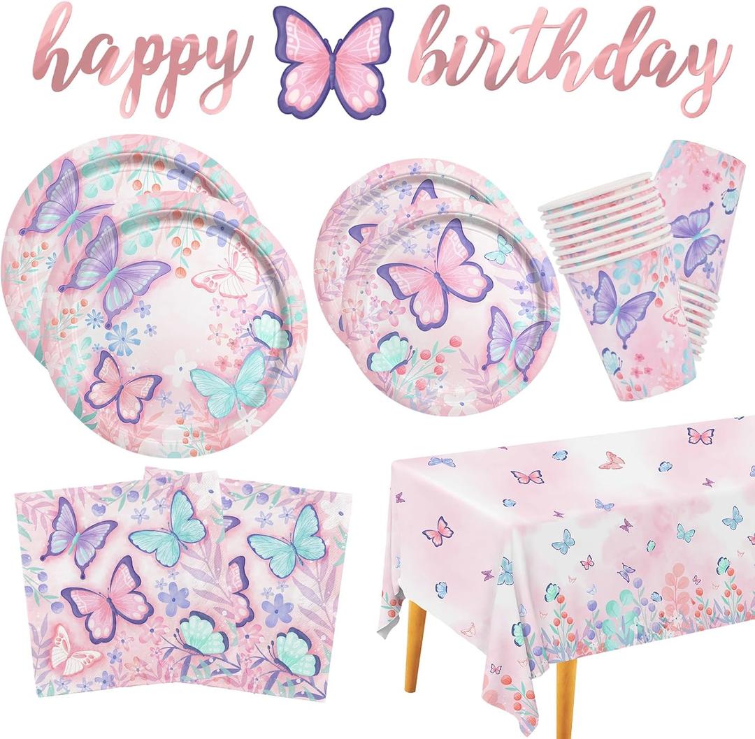 Butterfly Birthday Party Supplies Disposable Paper Plates Napkins Cups Tablecloth and Banner for Butterfly Girl Party Birthday Decorations, Serve 25