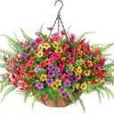 Artificial Faux Hanging Outdoor Flowers Plants Basket for Summer Outside Decoration, 14 Bundles Fake Silk UV Resistant Look Real Colorful Daisy Fern in Planter for Home Porch Patio Garden Yard Decor