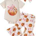 Newborn Baby Girl Summer Clothes Basketball Bow Short Sleeve Romper Tops Bell Bottom Pants Headband 3Pcs Set (Khaki, 0-3 Months)