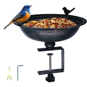 12-Inch Metal Bird Bath and Feeder for Outdoors, Deck Mounted Bird Bath with Detachable Basin, Garden Bird Bath for Balcony, Porch, and Railing, Outdoor Bird Decor, Bronze Color, Easy to Clean