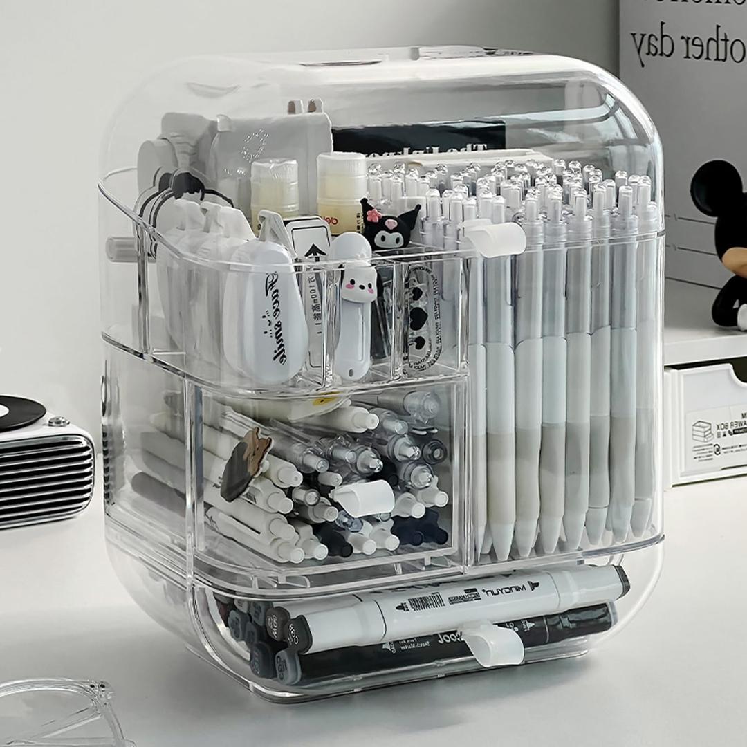 Clear Acrylic Pen Organizer, Desktop Storage Box with Multiple Compartments, Makeup Brush Storage Organizer for Office School Home Supplies
