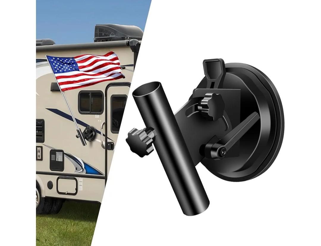 Suction Cup Flag Holder for RV, Camper, Car, Truck, Trailer, SUV - Adjustable Angle, Black Aluminum Alloy Flag Pole Mount