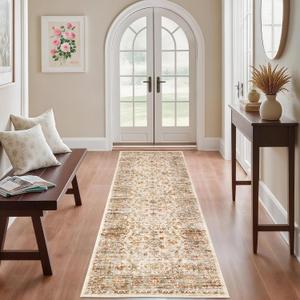 Vintage 26 Runner Rug, Non Slip Backing Washable Stain Resistant Super Soft Distressed Persian Rug, Ideal for High Traffic Areas in Bedroom, Living Room, Kitchen, Hallway, Ivory/Light Yellow