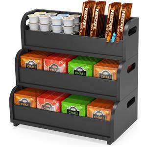 Tea Bag Organizer Storage Holder- Bamboo Countertop Teabag Display Rack 3-Tier Stackable Wall Mount Large Capacity for Pantry Kitchen Office Coffee Station (Black)