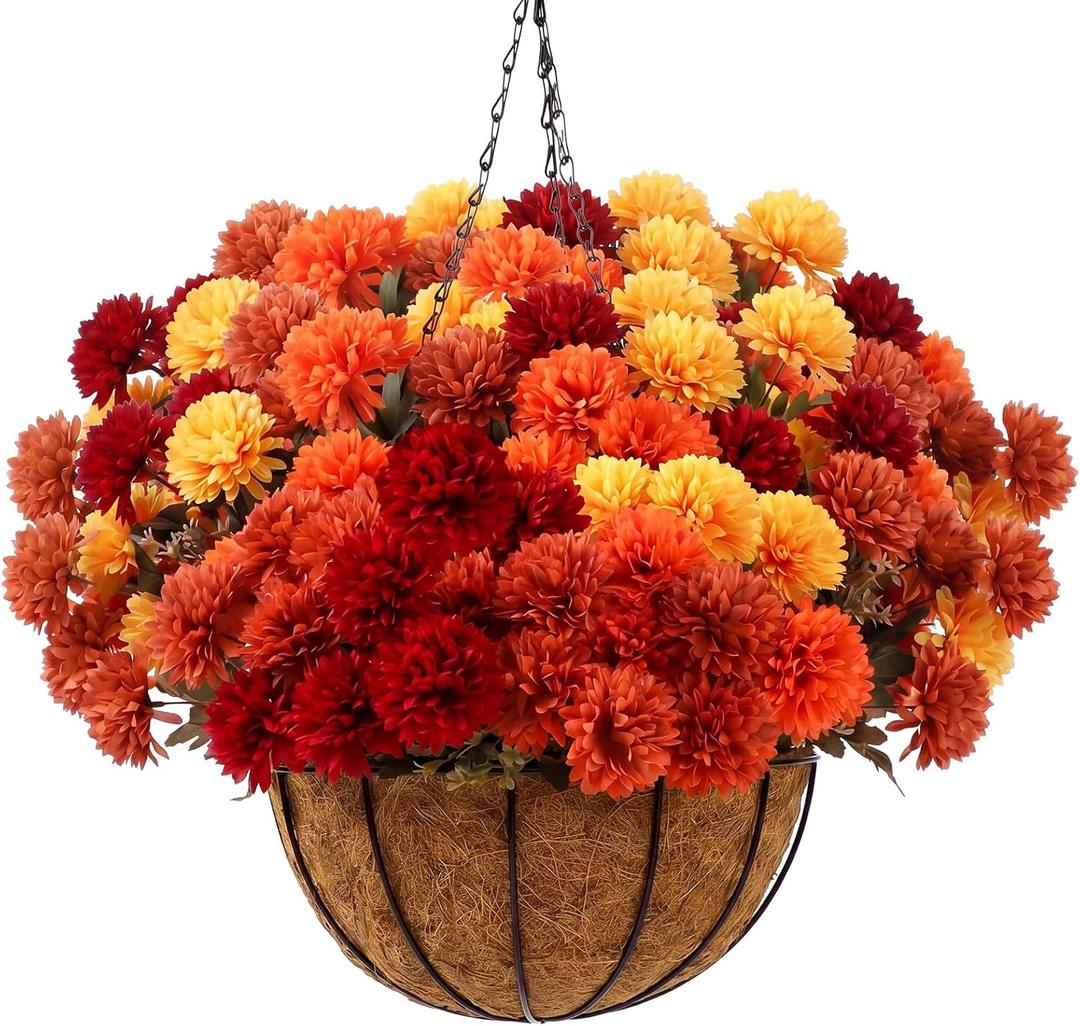 Canlierr 6 Bundle Fall Mum Artificial Flower Hanging Basket for Outdoor Porch Decor Fake Marigold Silk Orange Flower Bouquet Chrysanthemum UV Resistant Realistic Plant Autumn Home Decor (Fall Color)