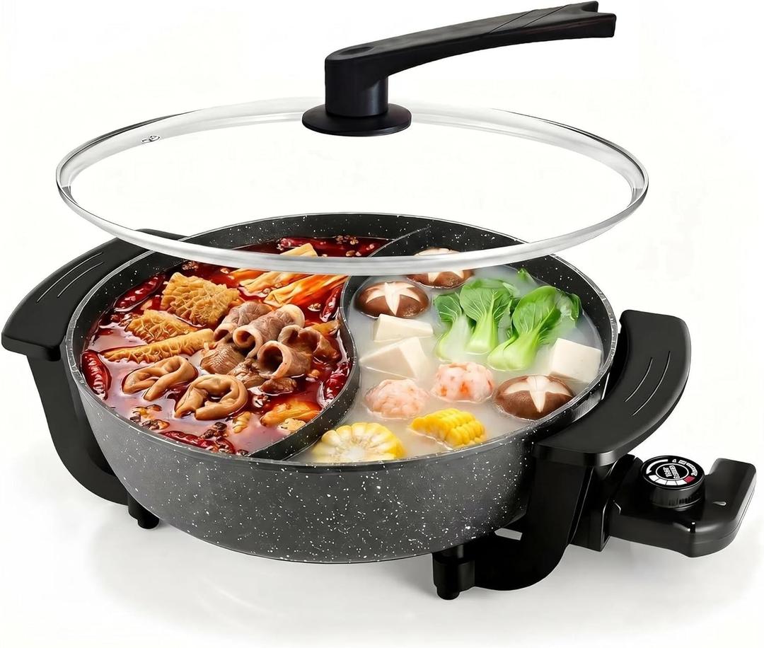 6L Electric Hot Pot with Divider - Dual-Flavor Fondue & Shabu Shabu Pot, 1600W with 5-Temp Control, Non-Stick & BPA-Free, Perfect for Family Dinners & Parties