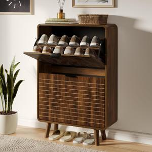 3imothrix Fluted Shoe Cabinet for Entryway with 2 Flip Drawers, Walnut