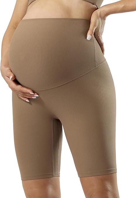 POSHDIVAH Ribbed Maternity Biker Shorts Over The Belly for Women - 8" Buttery Soft Pregnancy Workout Athletic Short Leggings, Small