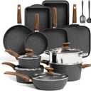 Kitchen Academy Induction Cookware Set-17 Piece Non-stick Cooking Pan Set, Black Granite Pots and Pans Set