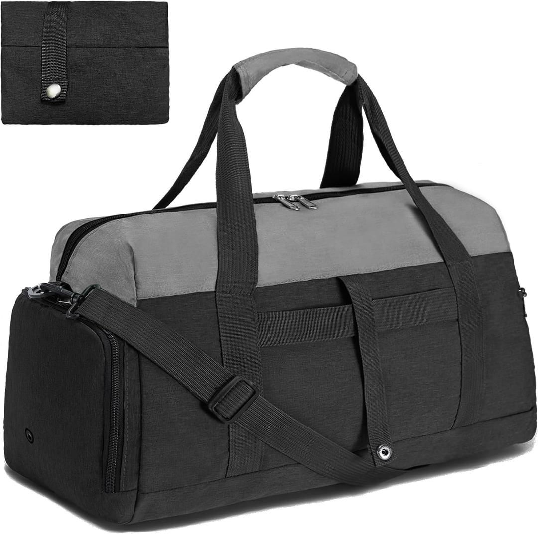 Gym Bags for Women Men with Wet & Shoe Compartment, 40L Foldable Travel Duffle Bag, Lightweight Weekender Overnight Duffel Bag for Traveling Sports Gym(Black)