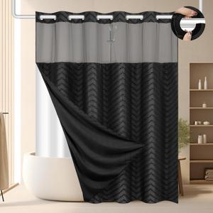 FADOTY No Hook Shower Curtain and Liner Set, Black Snap in Shower Curtain Ringless Chevron Tufted Cloth Waterproof Washable Fabric Bath Curtain with See Through Top Window for Bathroom Hotel 71" x 74", Black