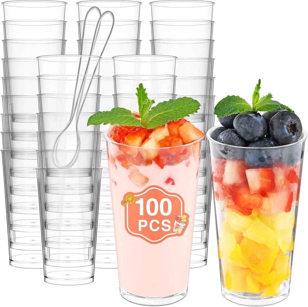 Eupako 3 oz Plastic Dessert Shooter Cups with Spoons - 100 Pack Mini Clear Round Appetizer Cup Shot Glasses, Small Dessert Cups for Jello Shots, Parfait, Puddings, Mousse, Parfait