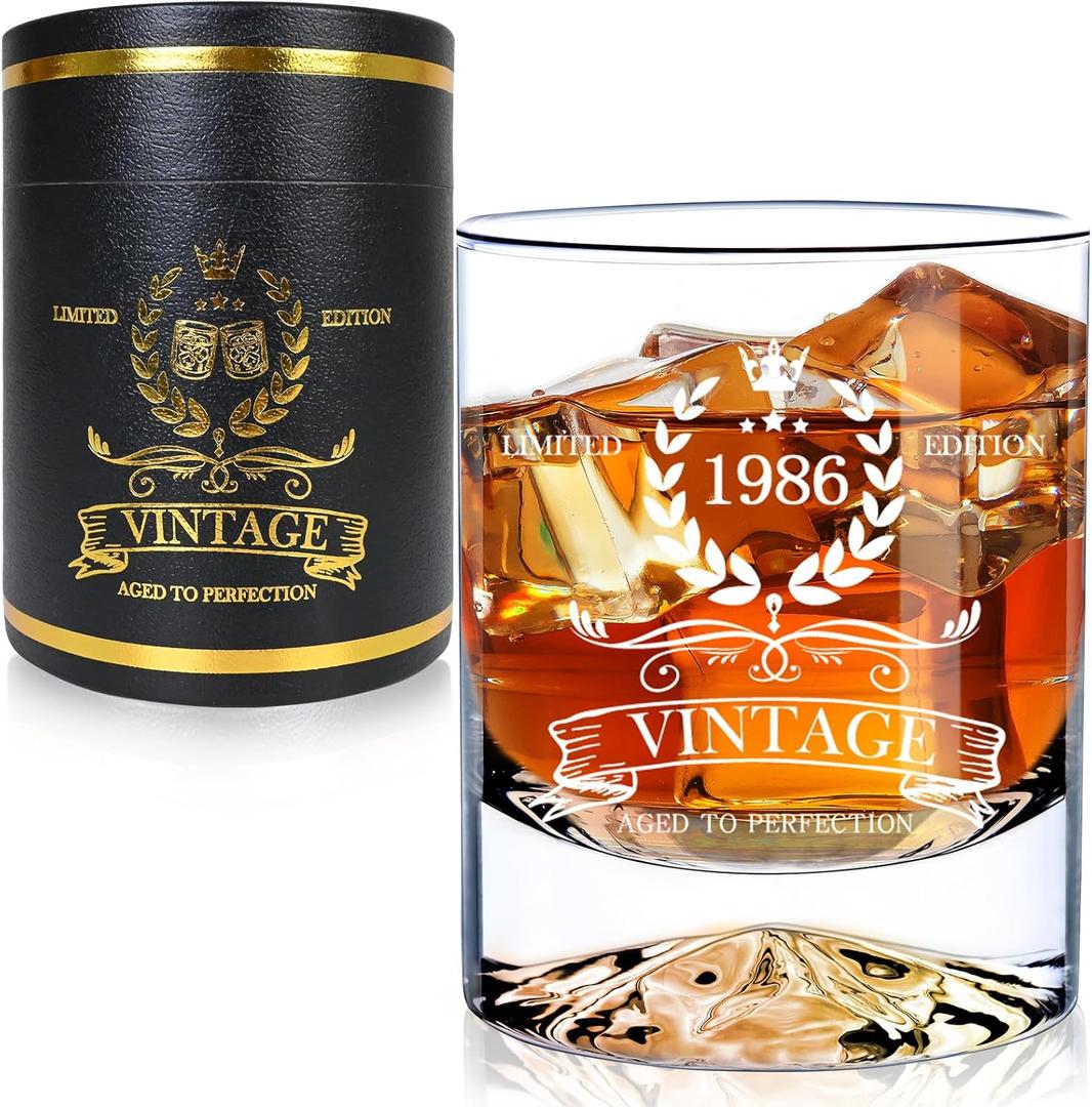 LUXULISH 40th Birthday Gifts Men, 12Oz Vintage 1986 Whiskey Glass with Unique Base, 40th Birthday Decorations for Men, 40 Year Old Cool Bday Gift Ideas for Him, Dad, Husband, Friends
