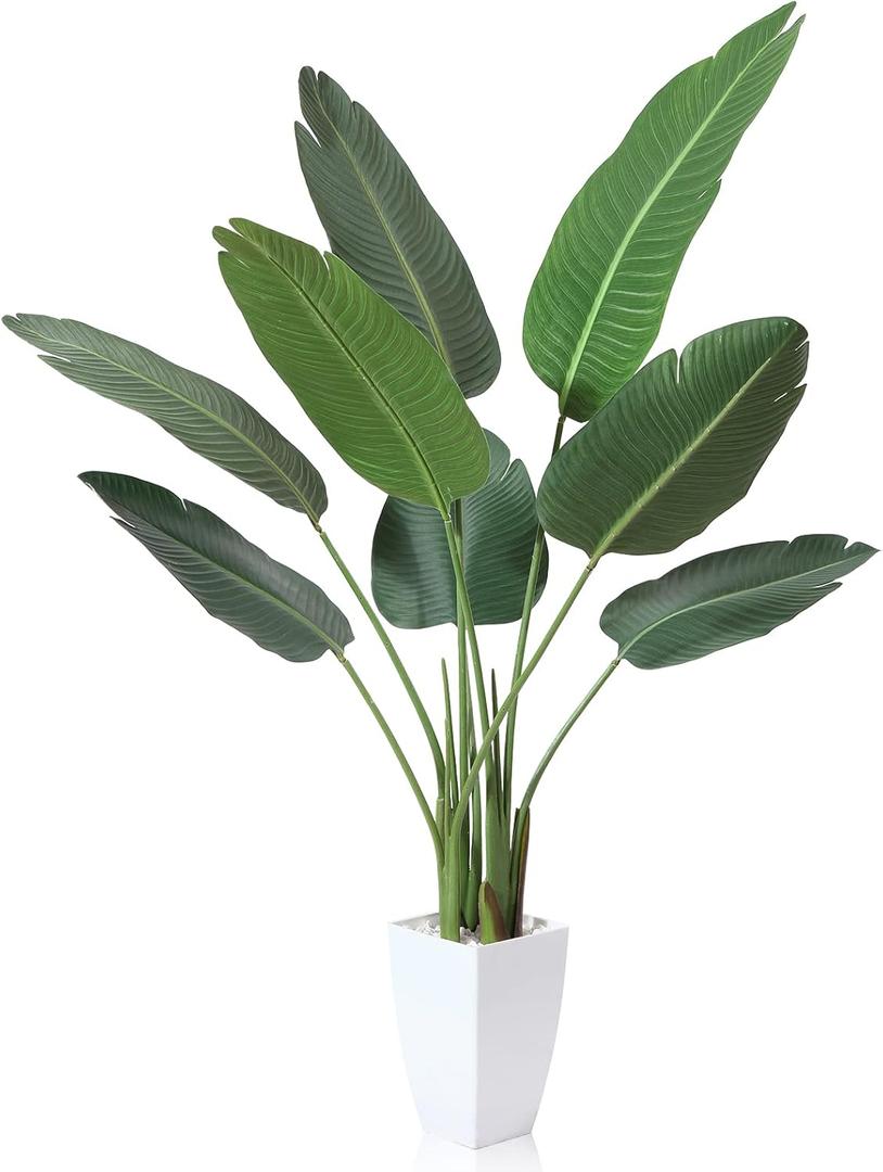 Artificial Bird of Paradise Plant, 4Ft Fake Floor Plants with White Taper Planter, Fake Palm Tree for Indoor Home Decor Office Living Room, Set of 1
