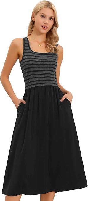 Allegra K Casual Dress for Women's Summer Striped Patchwork Square Neck Sleeveless A-Line Midi Dress, Large