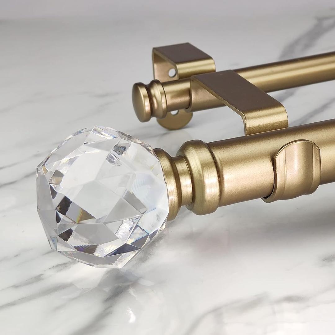 Double Curtain Rod Set:1-1/8 Inch Diameter Luxury Gold Curtain Rods,36-72 Inch Adjustable Gold Drapery Rod with Crystal-clear Faceted Finials for 1 Pack