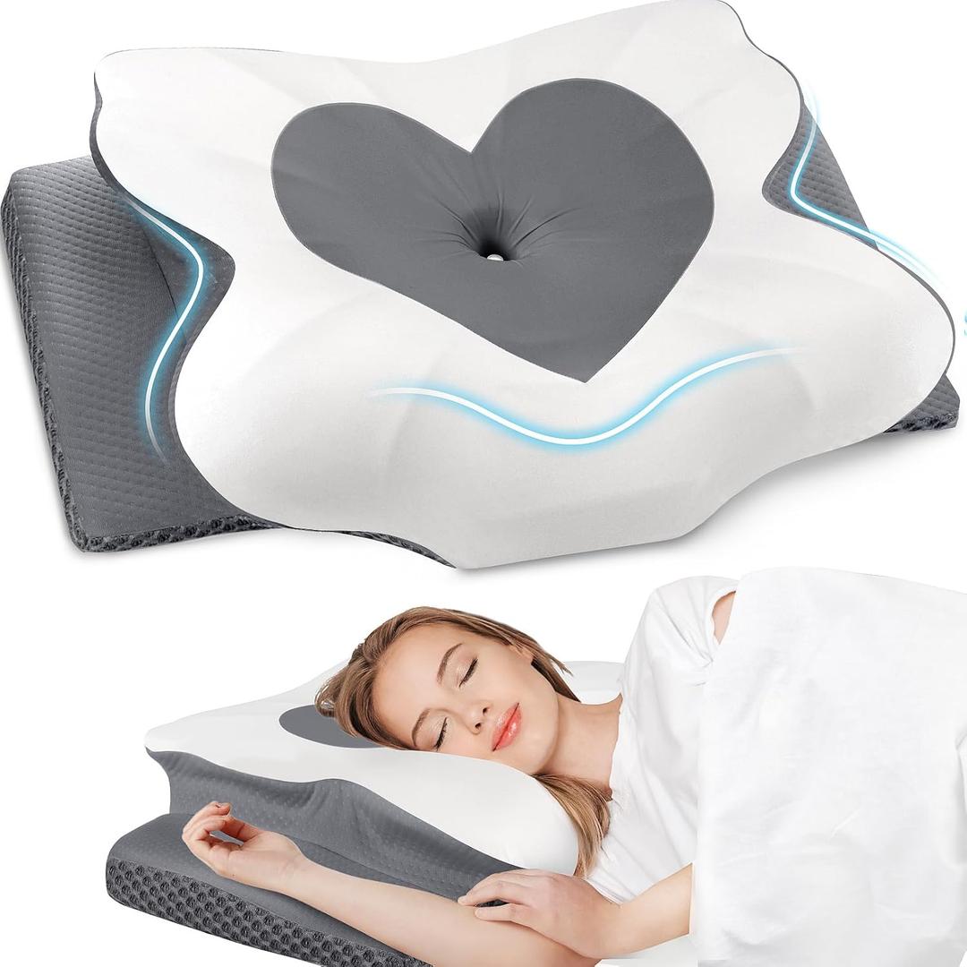 Cervical Neck Pillow, Memory Foam Neck Support Pillows for Sleeping, Shoulder Pillow for Side Sleepers, Back Stomach Sleepers, CertiPUR-US Certified, Queen Size, Grey (Gray)