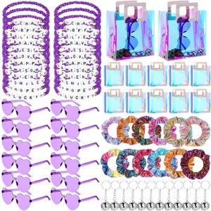 Geiserailie 72 Pcs/12 Set Party Favors Friendship Gifts Bead Bracelets Disco Ball Keychains Sunglasses Scrunchies Bags for Girls Women Popular Singer Fans Party Kpop Birthday Decorations (Purple)