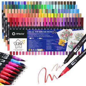 Artecho 120 Colors Markers for Adult Coloring Books, Dual Tip Markers for School, Fine and Brush Tip for Adults Coloring Books, Calligraphy, Drawing, Sketching