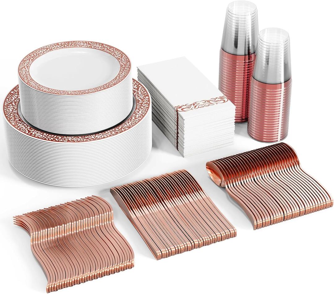 FOCUSLINE 350 Ct Rose Gold Dinnerware Set for 50 Guests, Rose Gold Lace Plastic Plates Disposable Heavy Duty, Including 50 Dinner & Dessert Plates, Cups, Napkins, Cutlery Set