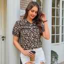 AOVDE Women Floral Leopard Button Down Shirts Puff Sleeve Blouse Contrast Trim Casual Dressy Summer Tops (M)
