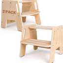 2 Pack Toddler Step Stool, Wooden Height-Adjustable 2-Step Stool for Kids, Potty Training Stool with Handles (Original Wooden Colour)