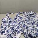FLAXMAKER Blue and White V Neck Lace Up Strip Plant Prints One Piece Swimsuit and Skirt/Sarong, XL