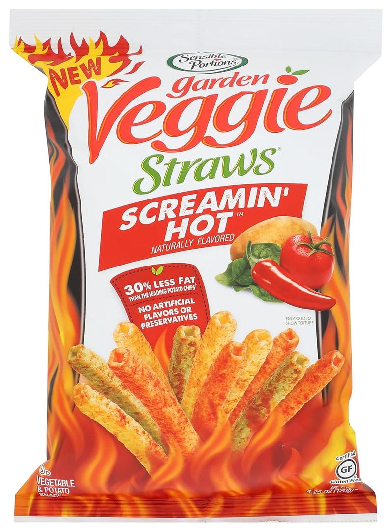 Sensible Portions Garden Veggie Straws Screamin' Hot Vegetable & Potato Snack, 4.25 Oz, Best By 30 MAR 26