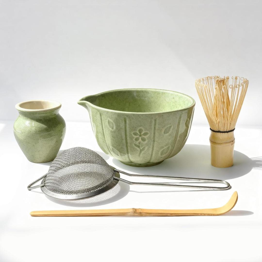 Matcha Whisk Set-5pcs, 16OZ Japanese Tea Set Includes Matcha Bowl with Spout, Bamboo Whisk with Ceramic Holder, Bamboo Scoop and Stainless Steel Sifter