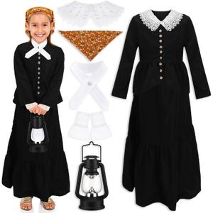Panitay 6 Pc 1800s Colonial Costumes with Lace Cuffs Lace Collar LED Lantern for 100th Day of School Cosplay Party Girls Kids (Large)