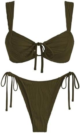 ZAFUL Women's Cinched Bikini Solid Color Wave Textured Knotted Tied Side Two Piece Swimsuit Bathing Suits, size L