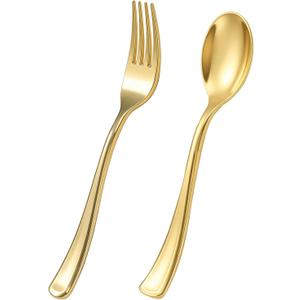 Goodluck 100 PCS Gold Plastic Silverware, Heavy Duty Plastic Cutlery Includes 50 Forks and 50 Spoons, Elegant Disposable Utensils, Durable Flatware for Parties, Weddings Catering and Dinners