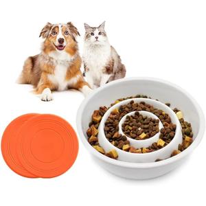 GH Ceramic Slow Feeder Dog Bowl, 3 Cups, 2 Pet Flying Discs Included - White
