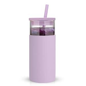 Tronco 20 oz Glass Tumbler With Lids and Straws, Reusable Smoothie Cups With Silicone Lid, Light Purple Cup With Silicone Protective Sleeve, Dishwasher Safe- BPA FreeCoffee 1 Count